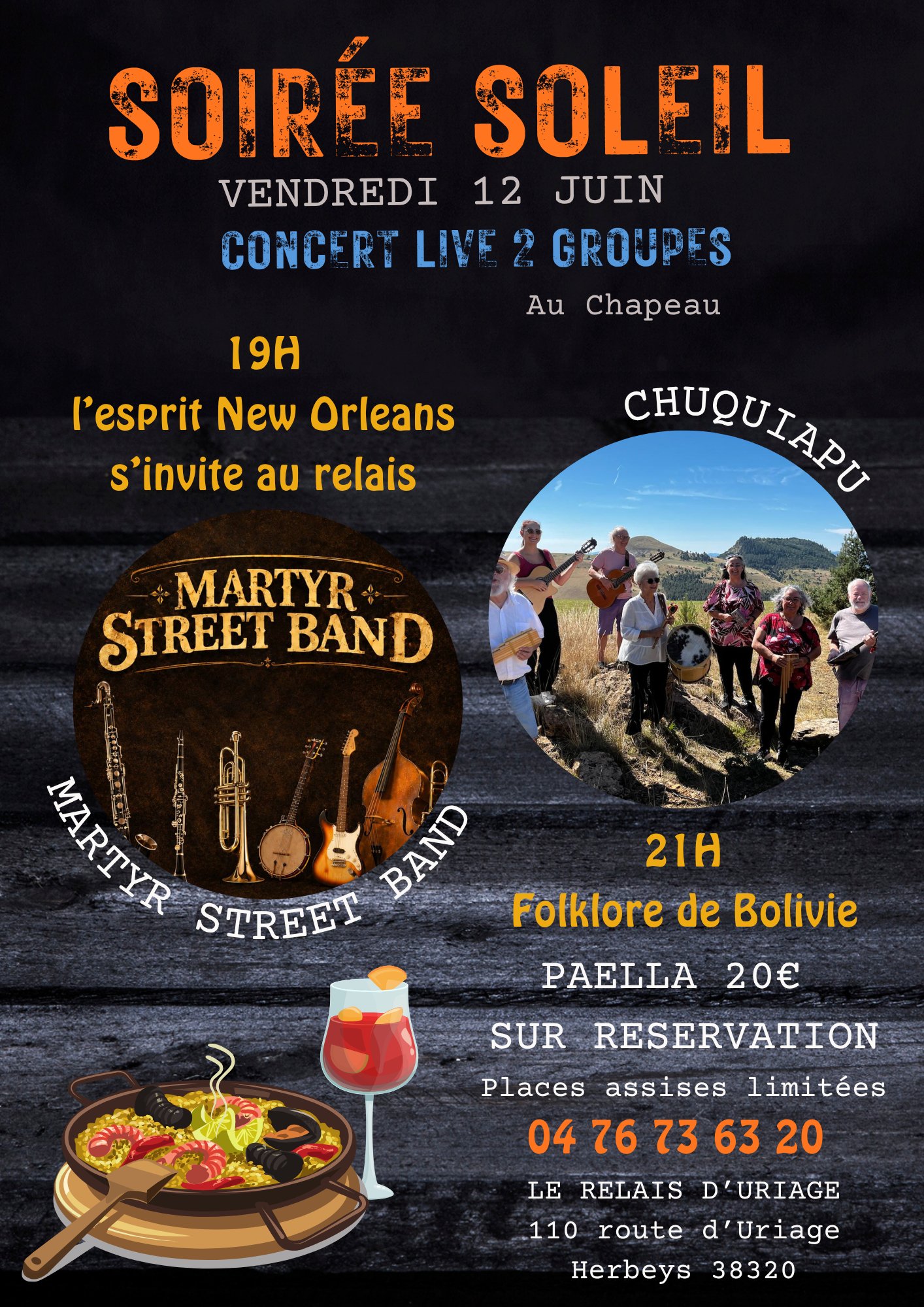 Vendredi 12 Juin - Soirée Soleil : Martyr Street Band, Chuquiapu, Paella sur réservation