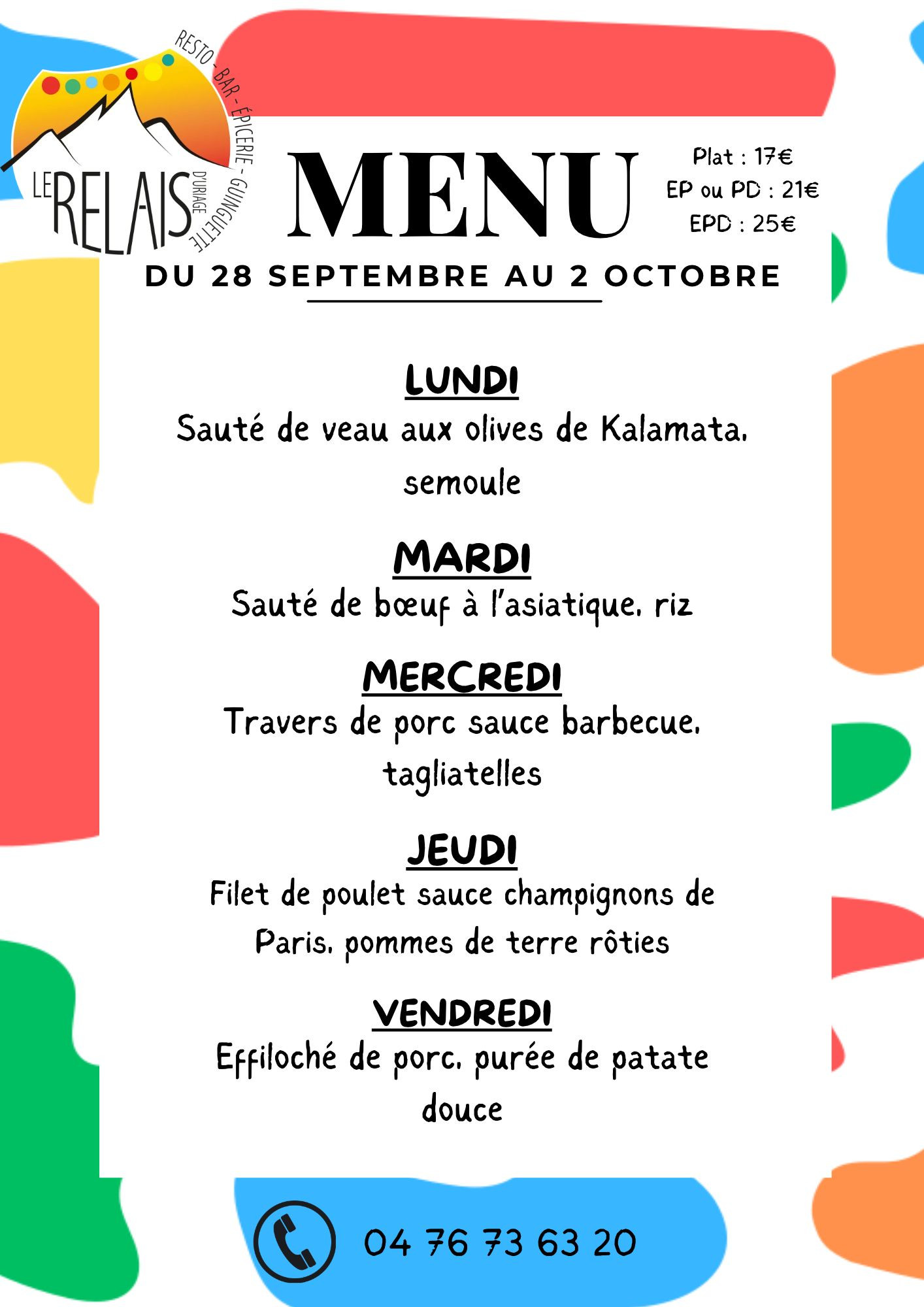 Menu du 28 septembre au 2 octobre 2026 au Relais d'Uriage